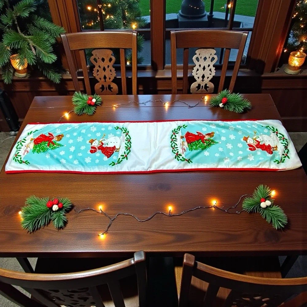 VTG 80s Christmas Table‎ Runner Snowman Girl Sunny Bunch Holiday Decor RETRO